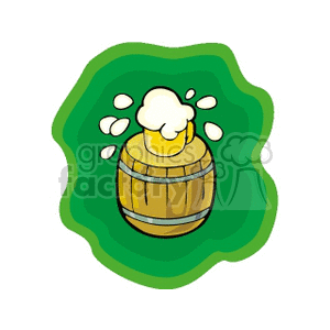 Foaming mug of beer overflowing on top of keg