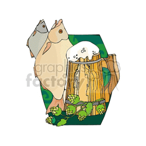 Clipart of fish and a frothy beer mug with hops, associated with holidays and St. Patrick's Day.