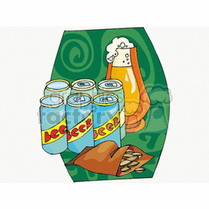 Clipart image featuring cans of beer, a glass of beer with foam, and a bag of peanuts, creating a festive holiday atmosphere.