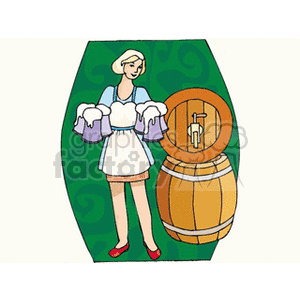 An illustration of a bartender holding beer mugs next to a barrel, associated with celebrations like St. Patrick's Day and Oktoberfest.