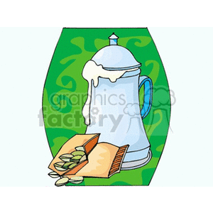 Clipart of a frothy beer mug with a blue handle alongside an open snack packet on a green background.