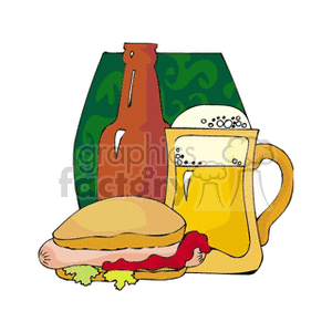 Bottle of beer with a foamy mug of beer and a hot dog