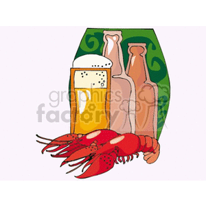 Two beers and a mug of foaming beer with lobsters