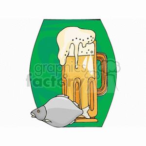 A clipart image of a beer mug with foam and a fish against a green background.