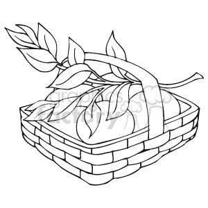 The clipart image shows a wicker basket with leaves suggesting the presence of a plant or vegetation. The style is simplistic and appears to be a line drawing suitable for a coloring book or a minimal graphic design element.
