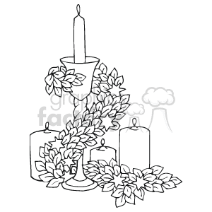 The clipart image depicts a Thanksgiving-themed arrangement that includes various candles of different heights and a candle holder, all adorned with an abundance of leaves and possibly berries or other small fruits, suggesting a festive or decorative wreath-like element typically associated with the holiday season.