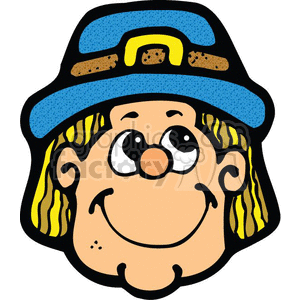 The image is a colorful clipart of a smiling pilgrim face. Features include a blue pilgrim hat with a yellow buckle, blonde hair, round cheeks, a prominent nose, round eyes, and a friendly smile.