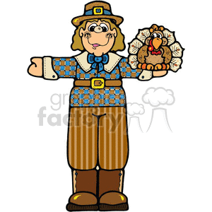 This image depicts a cartoon-style character dressed as a Thanksgiving pilgrim. The character appears to be a man with a cheerful expression, wearing traditional pilgrim attire including a hat, collared shirt, and tall brown boots. He has a blue bow at his neck and a gold buckle on his hat and belt. In one hand, he is holding a plump, cooked turkey on a platter, which suggests a Thanksgiving theme.