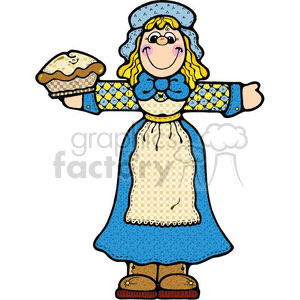   The image is a colorful clipart illustration featuring a cartoon woman dressed in a traditional American pilgrim outfit, associated with Thanksgiving. She has blonde hair with a blue bonnet, a blue dress with a checkered pattern on the sleeves and collar, an apron, and brown shoes with green accents. The woman is smiling and holding a pie in her extended left hand, suggesting she