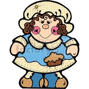 This clipart image features a cartoon representation of a pilgrim, possibly related to Thanksgiving. The character is wearing a traditional pilgrim hat, has curly hair and rosy cheeks, and appears to be wearing a blue dress with an apron. The apron seems to have a depiction of a pie in the center, indicating a connection to Thanksgiving and the traditions of feasting and pies.