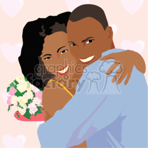 A Happy Man and Woman Hugging and Holding a Bouquet of Flowers 