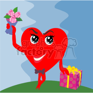A Large Red Heart Holding a Bouquet of Flowers and Leaning on a Gift