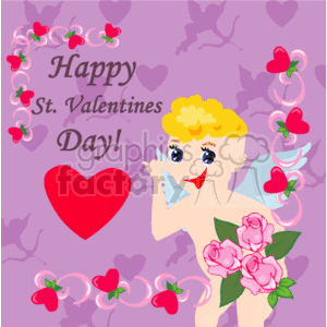   The clipart image features a cartoon representation of a cherubic cupid with wings, holding a bouquet of pink roses. The background is purple with silhouettes of hearts and smaller cupids. There is a large red heart to the left of the cupid, and a banner above with the text Happy St. Valentine