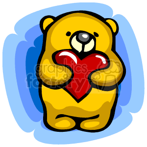 This clipart image features a golden teddy bear with a content expression, holding a red heart close to its chest. The bear appears to be sitting, with a blue shadow behind it, giving the impression of depth. The style is cartoonish and simple, with bold outlines and a limited color palette emphasizing the bear and the heart as focal points.