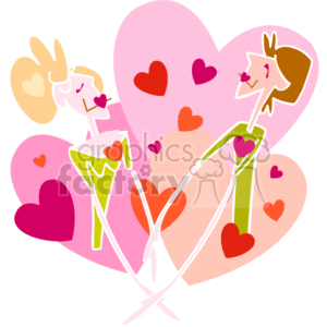   This clipart image features a stylized couple with a backdrop of multiple hearts of varying sizes and shades of pink and red. The couple appears to be in a loving pose, suggesting a romantic connection. The design is simple, abstract, and colorful, making it an ideal representation of love and Valentine