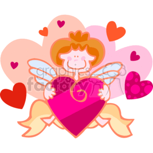 The clipart image depicts a stylized representation of a cupid, an angel traditionally associated with love, especially around Valentine's Day. The figure has wings and holds a large pink heart with a swirl design. In the background, there are additional hearts in various sizes and shades of pink and red. Some of these hearts have patterns on them. The overall theme of the image is love and Valentine's Day.