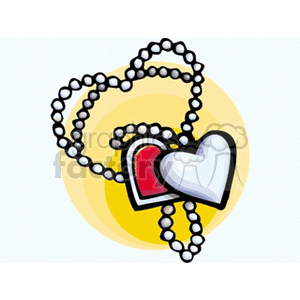 A clipart image depicting two overlapping hearts, one red and one white, attached to a beaded necklace, symbolizing love and Valentine's Day.