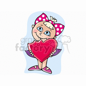 Clipart of a cartoon girl holding a large red heart with a big bow on her head, symbolizing love and Valentine's Day.