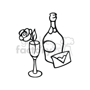   The clipart image features a bottle with a heart shape on it, a glass with a rose in it, and an envelope with a heart seal, possibly indicating a love letter or Valentine