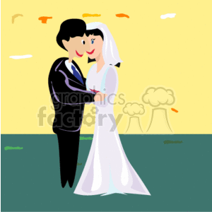 The clipart image features a bride and groom holding each other affectionately. The groom is dressed in a black suit, while the bride is wearing a white wedding dress with a veil. They are depicted against a background with a yellowish sky and what seems to be a minimalistic landscape, possibly suggesting an outdoor setting. The image invokes themes of love, commitment, and the celebration of marriage.