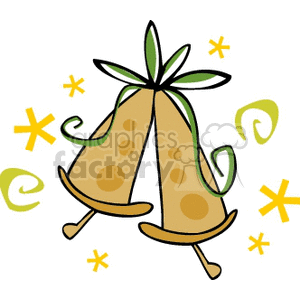 Clipart image of two golden wedding bells tied with green ribbons, surrounded by decorative stars and swirls.