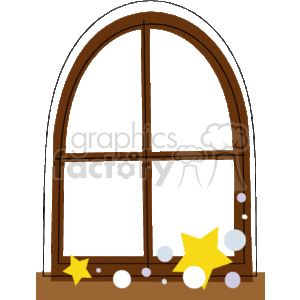 This clipart image features a large arched window with several panes, set against a transparent background. There are decorative stars and circles around the bottom of the window, suggesting a whimsical or festive theme, potentially representing stars shining outside the window or decorative items inside.