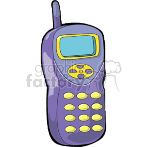 This image is a simple illustration of a purple cordless landline telephone, likely representing an older model based on its design. The phone has a sizeable yellowish screen and yellow buttons.