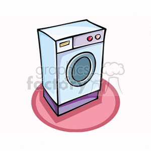 Clipart image of a washing machine on a red circular mat.