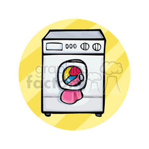 Clipart of a washing machine with colorful clothes inside.