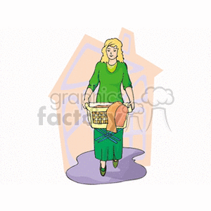 Clipart of a woman carrying a laundry basket with a house in the background.