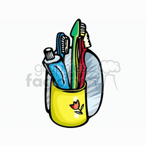 A clipart image of a yellow cup holding two toothbrushes and a tube of toothpaste, intended for personal hygiene or dental care.