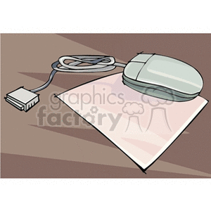 Clipart image of a vintage computer mouse with a rectangular connector laying on a mouse pad.