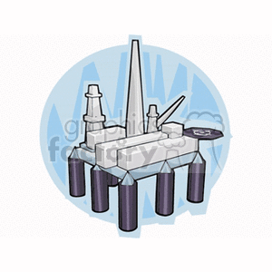 A clipart illustration of an offshore oil rig with a blue circular background.