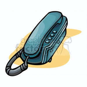 A teal-colored cartoon illustration of a cordless phone handset placed on a yellow surface.