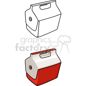 Clipart image of a red and white cooler lunch box, commonly used in kitchens and households for storing food.