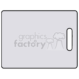 A simple clipart image of a kitchen cutting board with a rectangular shape and a handle on one side.