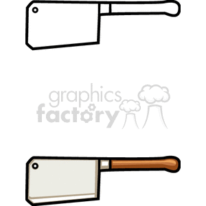 Clipart image of two kitchen cleavers with wooden handles.