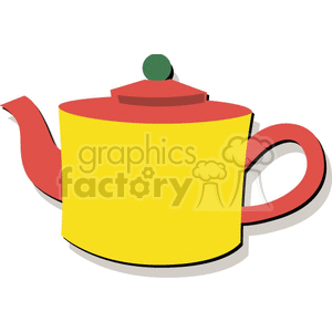 A colorful clipart image of a teapot with a yellow body, red spout and handle, and a green knob on the lid.