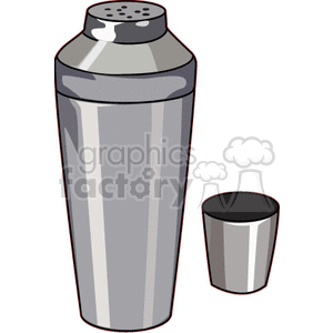 Illustration of a metallic cocktail shaker and cup.