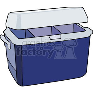 Illustration of an open cooler with a lid and compartments, typically used for storing food and drinks.