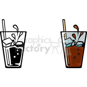 Clipart image of two glasses with ice cubes and cola beverages, featuring straws and splashes.