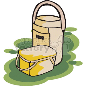 Illustration of two picnic baskets on a green background.