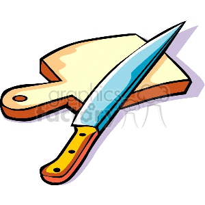 Clipart image of a kitchen knife placed on a cutting board.