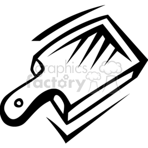 A stylized black and white clipart image of a kitchen cutting board with a handle.