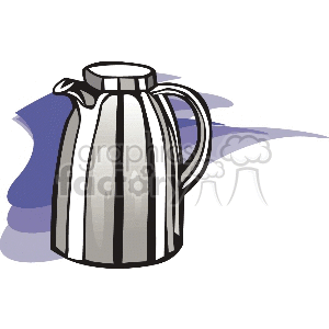 Clipart image of a silver thermos container with a handle and spout, used for keeping beverages hot while traveling.