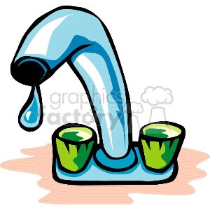 Clipart image of a kitchen faucet with a single spout and two handles, with a droplet of water coming out.