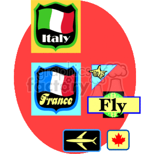  The clipart image shows a collection of travel-related elements against a red circular background. At the top, there are two shields, one with the Italian flag and the word Italy and another with the French flag and the word France, symbolizing travel destinations. A stylized yellow airplane is shown diagonally pointing towards the upper right corner within a blue arrow-triangle shape. Below, on the left, there is a silhouette of an airplane against a black rectangle. And on the right, there
