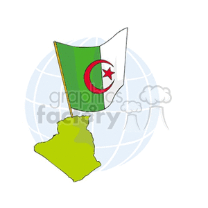 This clipart image features a stylized depiction of the country of Algeria with its geographic outline in a shade of green. Above the geographical outline, there's a flagpole with the national flag of Algeria, which is divided vertically into two equal sections of green and white, with a red crescent and star centered on the boundary between the two colors. The background includes a partial representation of a globe with latitude and longitude lines, suggesting an international context.