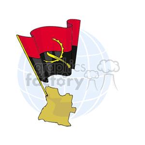 This clipart image shows the national flag of Angola, which is red and black with a yellow emblem consisting of a cogwheel, machete, and star, waving on a flagpole. The background features a stylized image of the globe, and there is a beige outline resembling the map of Angola near the base of the flagpole.