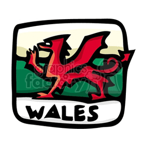 The image is a stylized depiction of the flag of Wales. It features a red dragon, standing on a green and white field, with the word WALES at the bottom. The dragon is a traditional symbol in Welsh mythology and is prominently displayed on the country's flag.